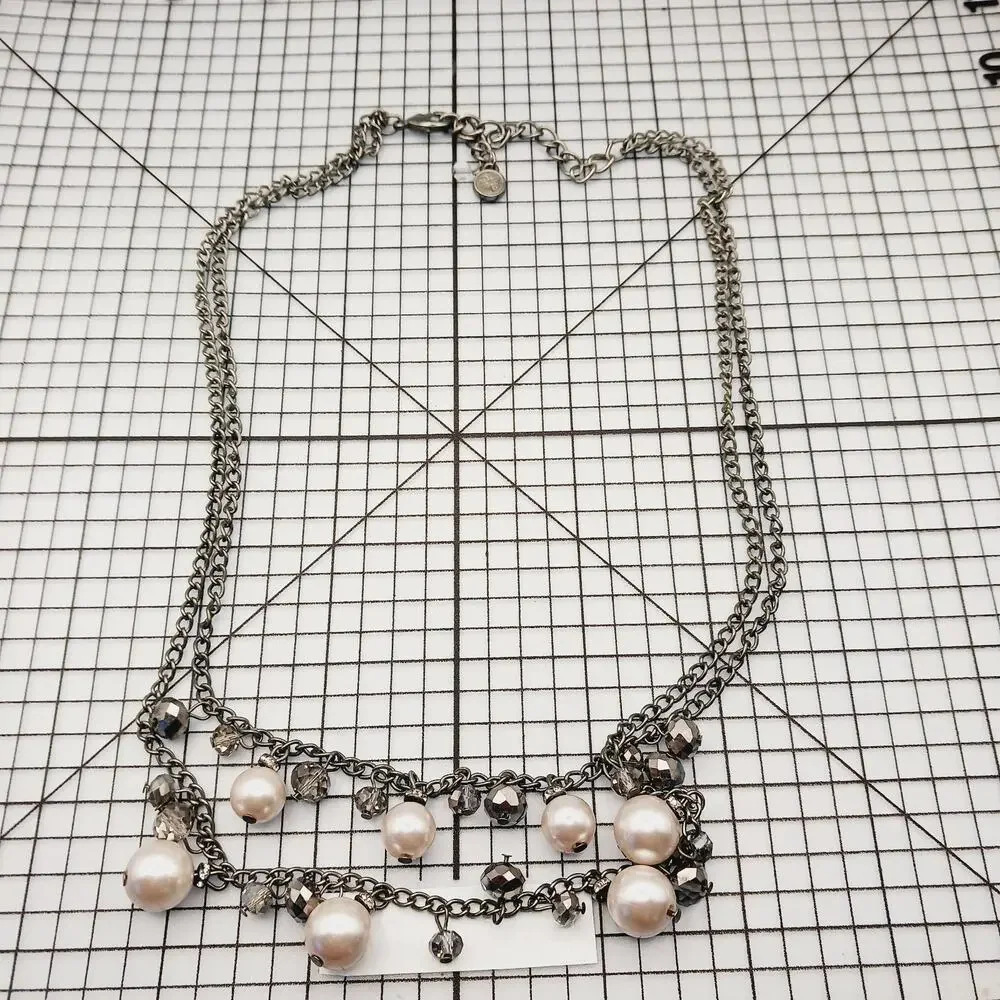 Necklace Chain Statement Faux Pearl Crystal Gunmetal Silver Tone Logo Charm 16